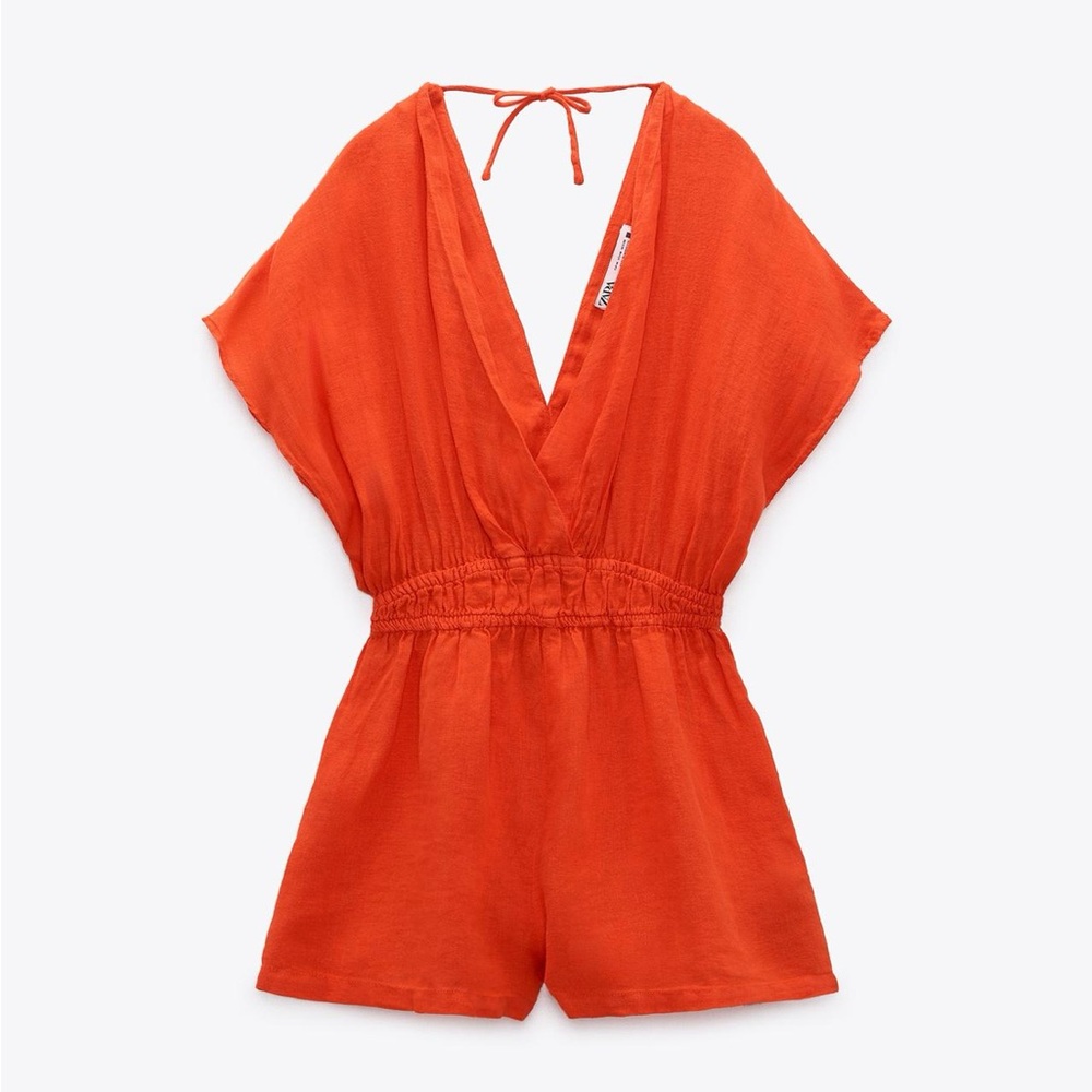 Zara Red Coral Jumpsuit with Deep V-Neck and Cap Sleeves